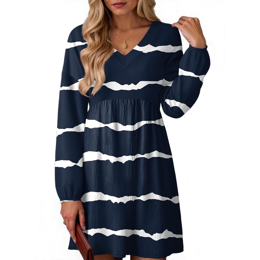 Women's Fashion Striped V-Neck Long Sleeve Dress