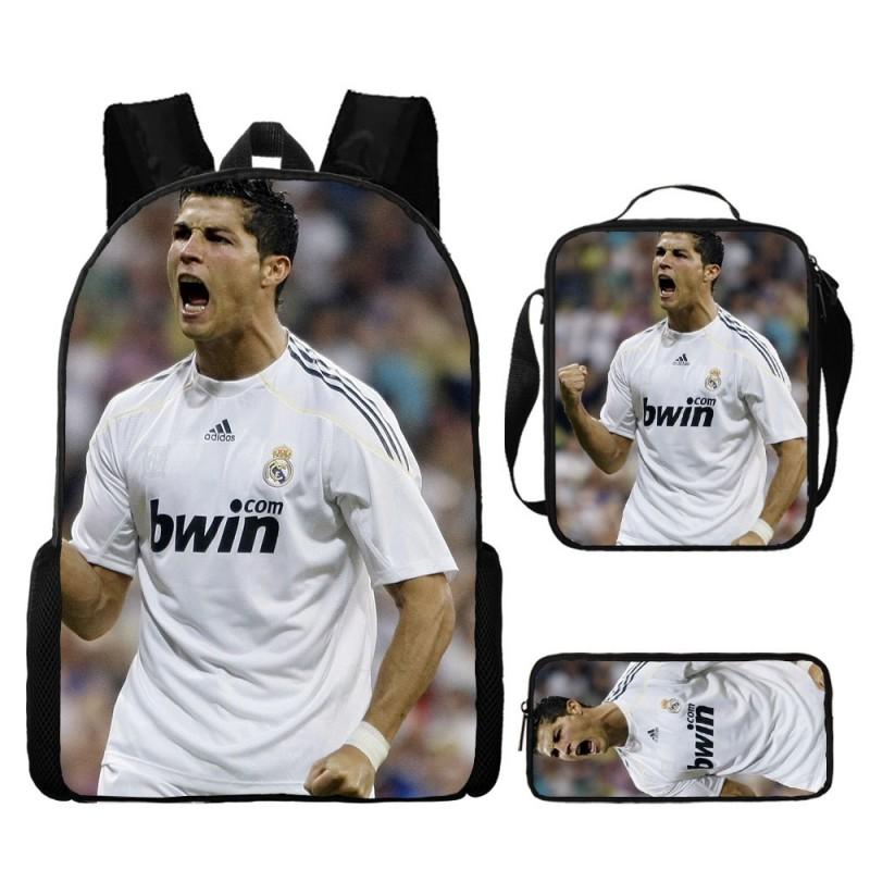 Conjunto de Mochila Escolar Infantil Estampada Cristiano Ronaldo Meninos Meninas 3 Peças Mochila de Tecido Oxford Com Lancheira Estojo
