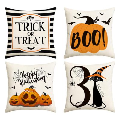 Funda de almohada de Halloween de 1/4, calabaza aterradora, funda de cojín con estampado de gato negro, funda de cojín de sofá de truco o trato para Halloween