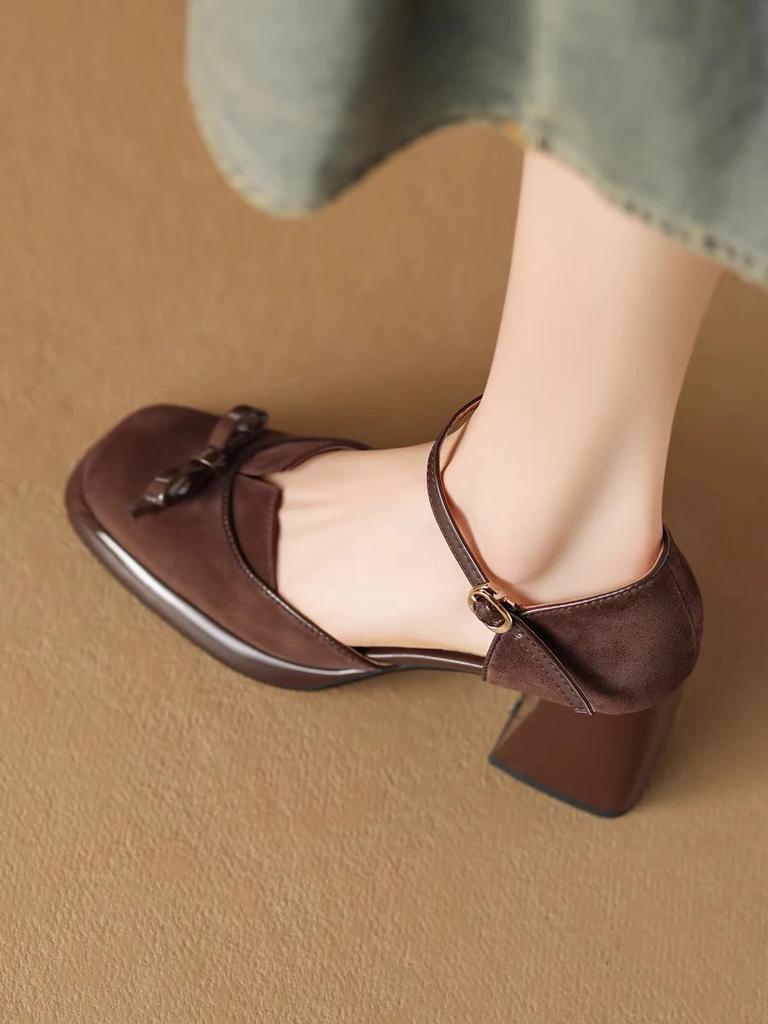 Sanded leather bow chunky heels with super high heel one-line sandals with bun toe for women brown all-in-one leather shoes