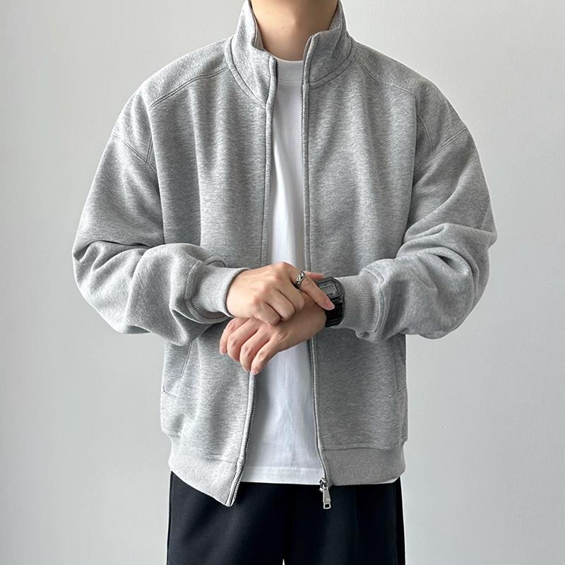 2025 Autumn Men's Gray Heavyweight Solid Color Stand Collar Hoodie Jacket