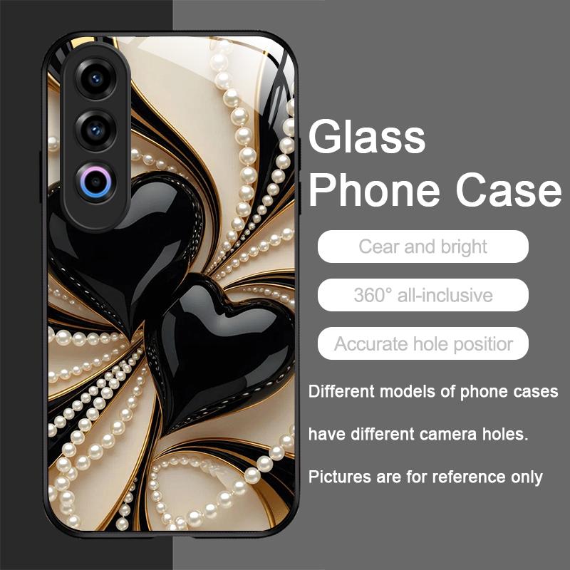 Stylish Black White Heart with Pearls Tempered Glass Phone Case for Oneplus 13R 12 11 10 9 Nord CE4 3 2 Lite ACE2 ACE3 Pro Cover