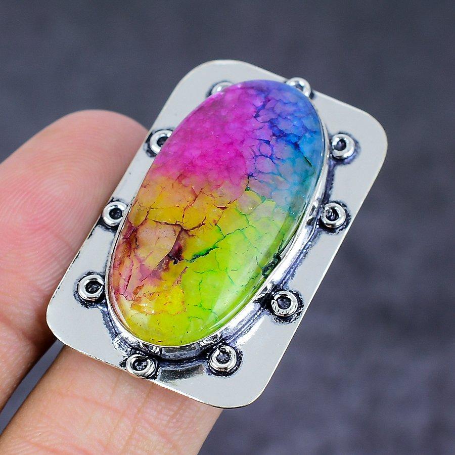 Rainbow Solar Quartz Gemstone Handmade 925 Sterling Silver Ring Size 9 D9f93