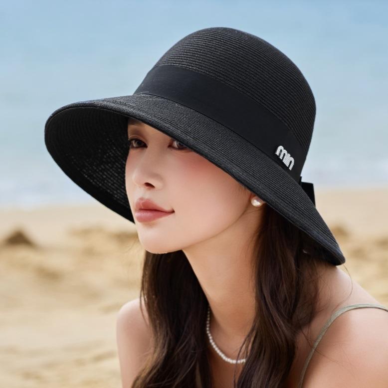 Spring and Summer Bow Webbing Sunshade Straw Hat Women's Wide-brimmed Beach Hat Versatile Vacation Sunscreen Bucket Hat