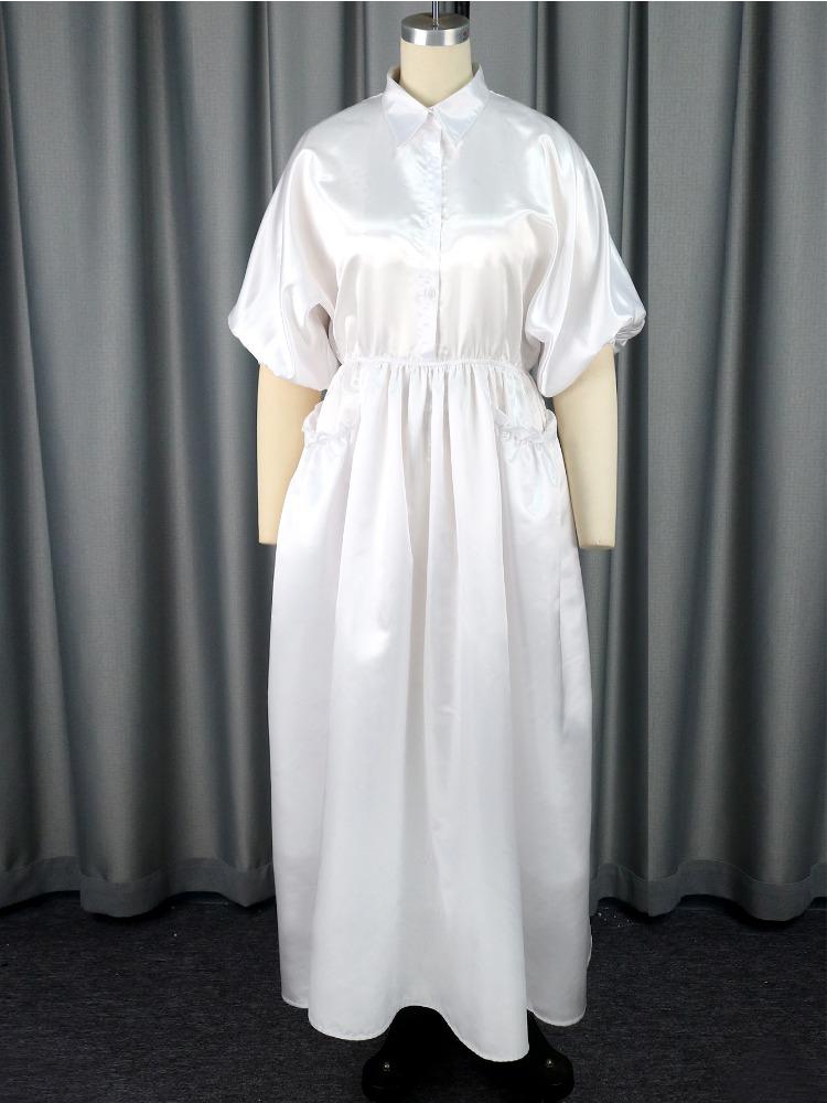 Elegant Women Blue A Line Satin Dress Turn Down Collar Short Puff Sleeves Pleated Shine Classy Evening Party Wedding Guest Gown