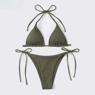 Kleiner gestreifter gerippter Bikini-Set Damen Sexy Schlicht Einfarbig Neckholder Badeanzug zum Schnüren Strand Badeanzug mit Seitenbandagen String-Badeanzug