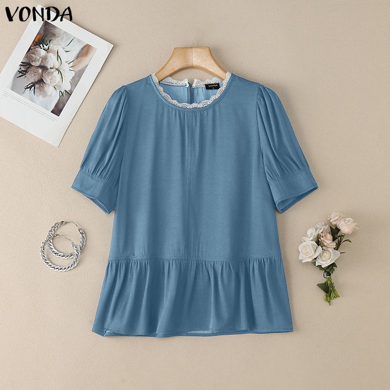 VONDA Women Lace Hem Round Neck Casual Short Sleeve Ruffled Blouse