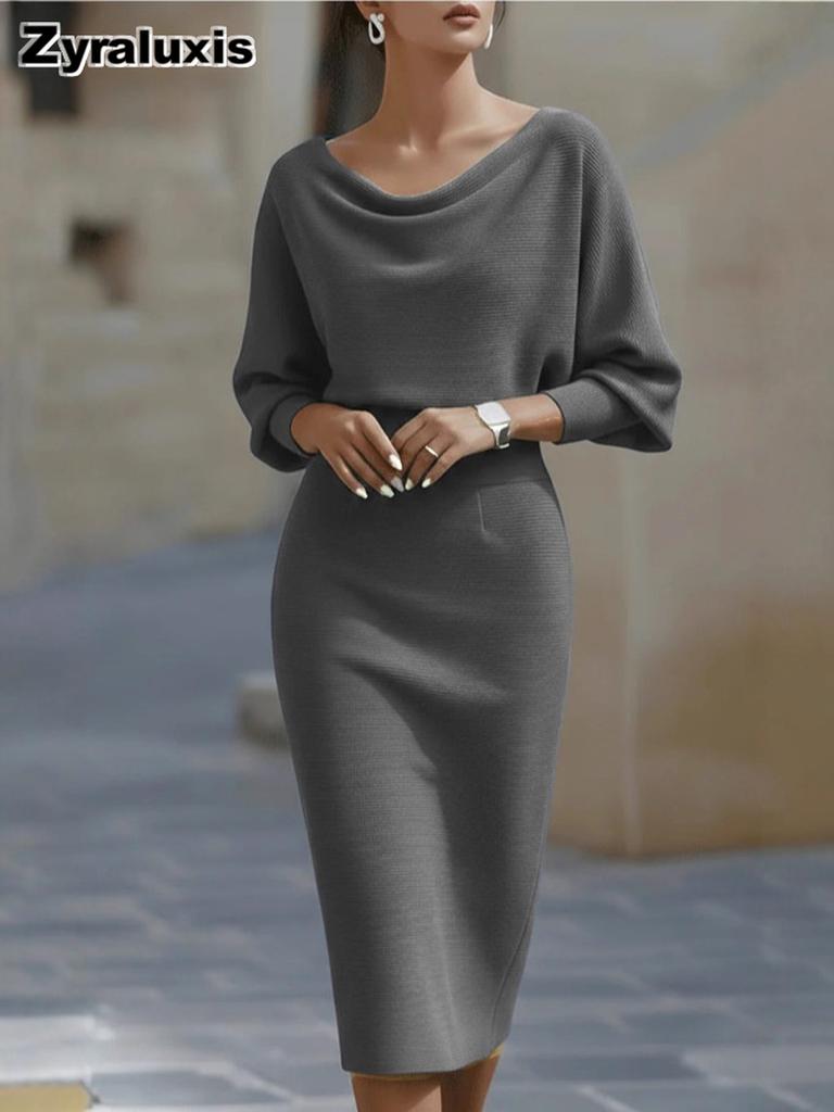 Elegante Abito Lungo da Donna alla Moda con Maniche a Pipistrello, Colore Unito, Collo Alto, Arricciato