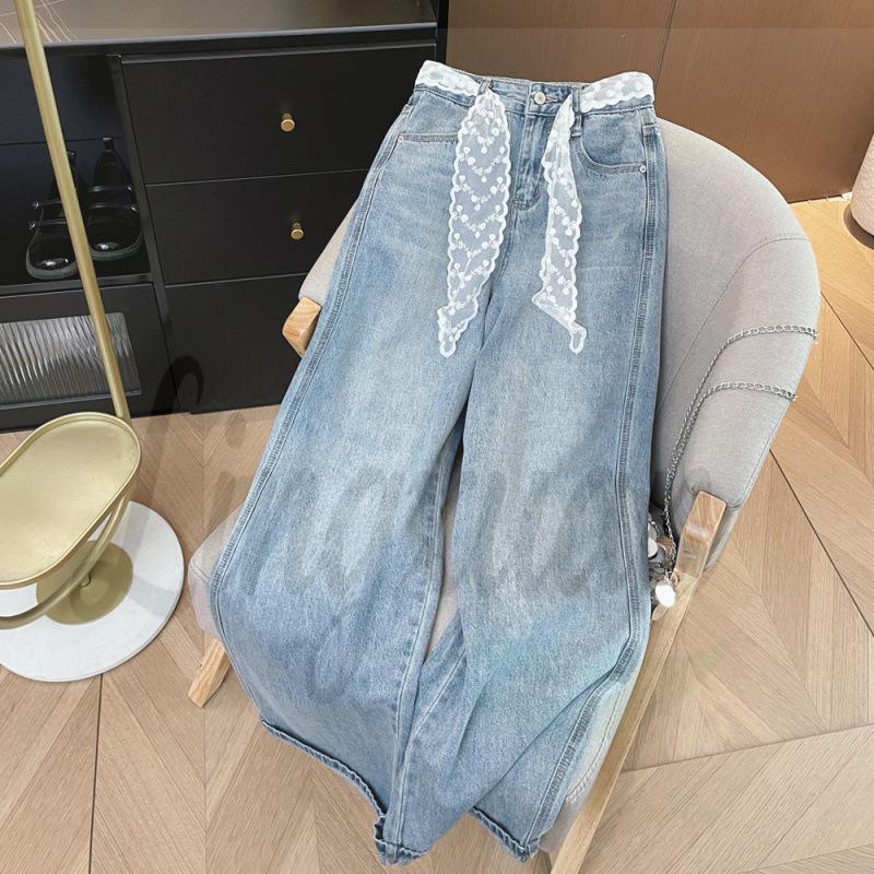 

Spring/Summer Korean Style High Waist Denim Wide-Leg Pants with Lace Belt M