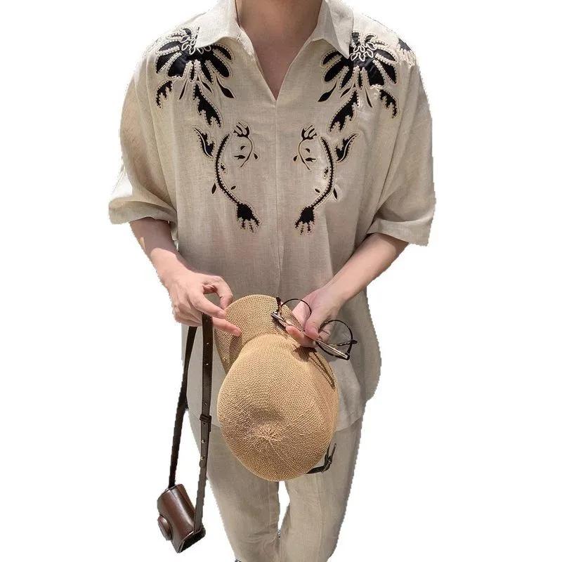 

Men s Beige Embroidered Short Sleeve Shirt Casual Loose Fit Linen Blend Blouse M абрикосовый