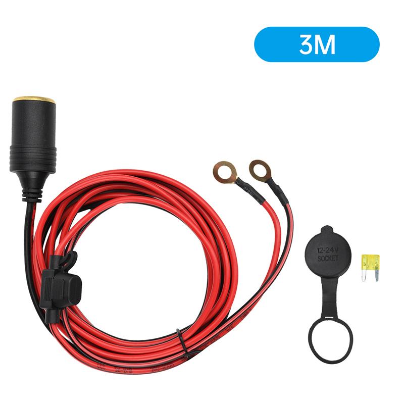DC 12V-24V Car Motorcycle Truck Cigarette Lighter Socket Copper Nose Connector Adapter with 20A Fuse 14Awg 30Cm 1M 2M 3M