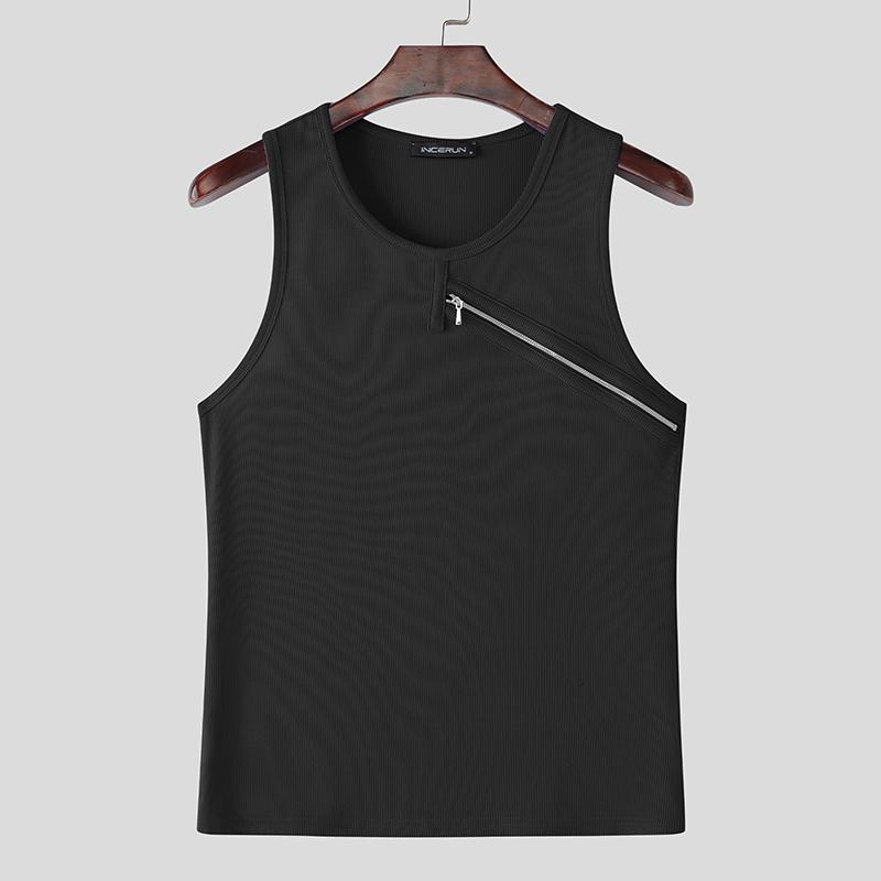 

INCERUN Men Round Neck Sleeveless Zip-up Casual Rib Striped Tank Tops XL чёрный