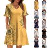 Women A Line Sun Dress Short Sleeve V Neck Printed Dress With Pockets