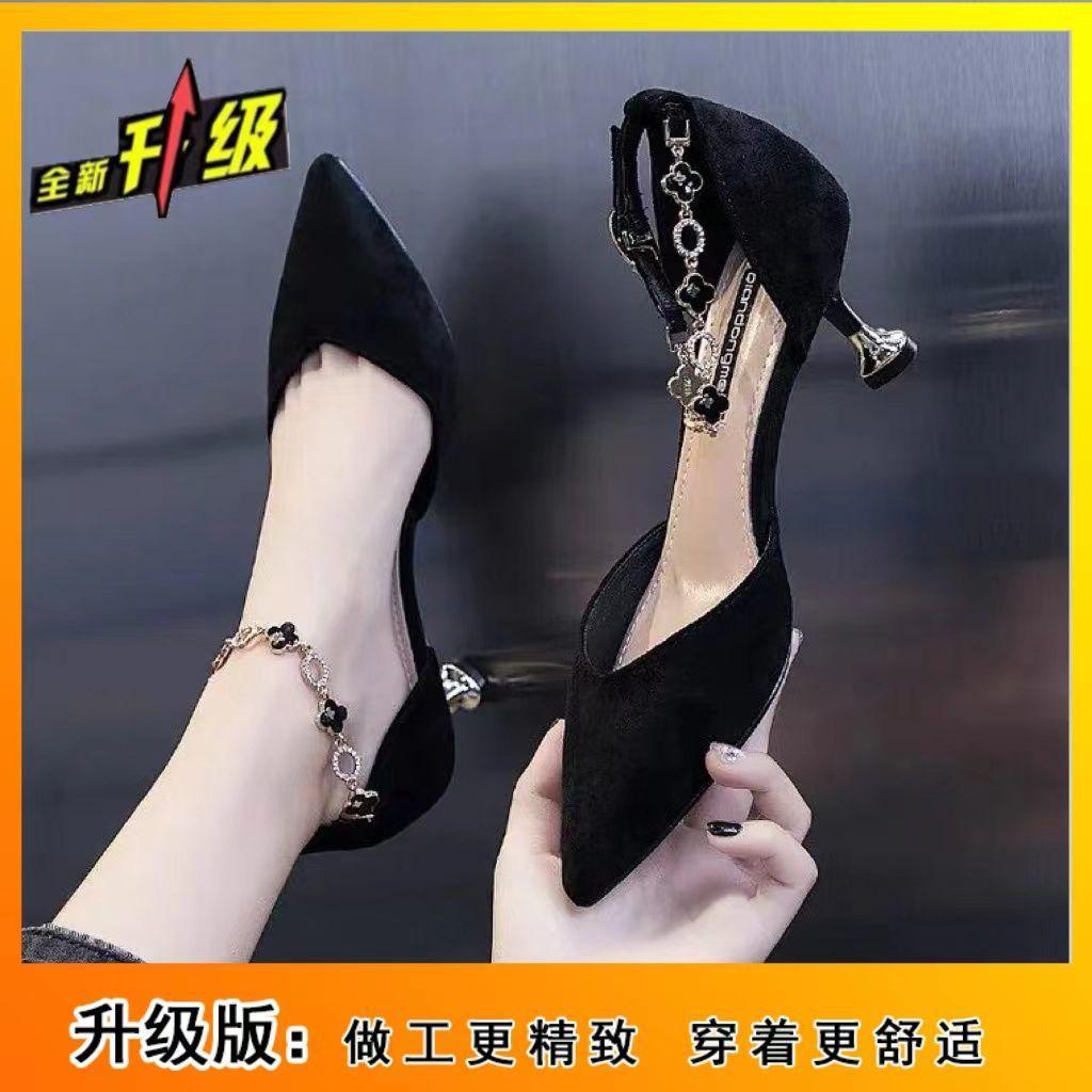 Autumn Women's Shoes 2025 New One-word Buckle High Heels Thin Heel Versatile Pointed Head Shallow Mouth Single Shoes Fairy Fairy Wind Middle Heel