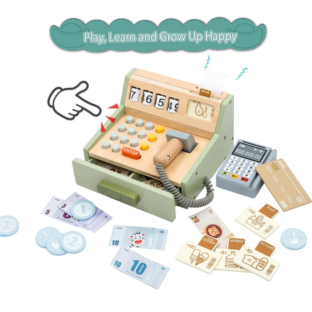 UMU Cash Register Toy Self-Checkout Set - Pretend Play Shopkeeper - Wooden Toy with Money and Bills - 35 Pieces - Educational Toy - Shopping Together