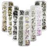 12-Grid Nail Art Set: White Flatback & Irregular Rhinestones, Butterfly Studs, Mineral Black Accents