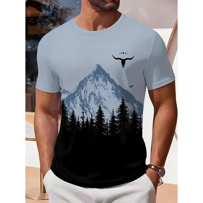 

Мужская повседневная футболка с 3D-принтом, геометрическим принтом горной сосны, светло-голубая с черным контрастным дизайном, обычного кроя, с круглым вырезом, повседневная одежда 6XL