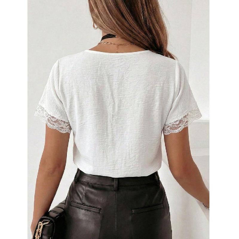 V-neck lace patchwork short-sleeve T-shirt women's summer new loose fashion top