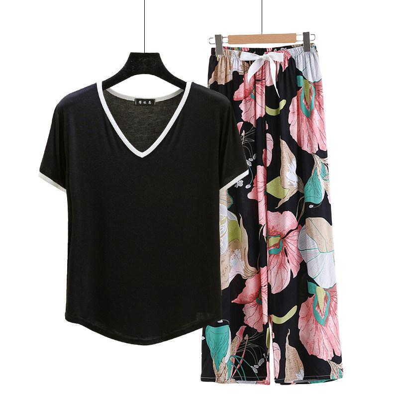 Modal Loungewear V-Neck color-block Tshirt and Floral Wide leg pants Summer Thin Pajamas sets Casual Plus size Homewear 2pcs suit Comfort clothing