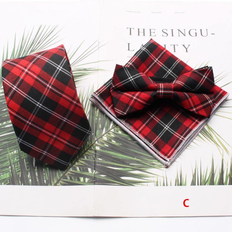 Polyester Cotton Business Dress Suit Tie Men'S Plaid Chest Towel Square Towel Banquet, Three-Piece Set