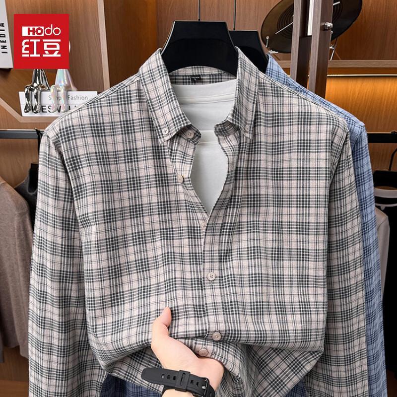 Hongdou Men's Long-Sleeve Plaid Cotton Brushed Shirt