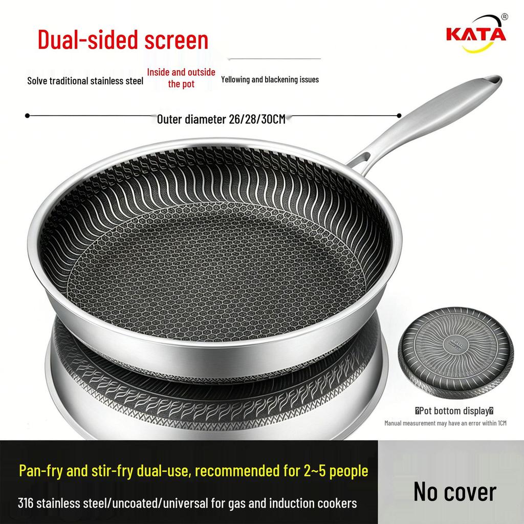 316L Stainless Steel Frying Pan for Home Use, Flat Bottom, Non-Coated, Ideal for Steak and Fried Eggs, Compatible with Induction and Gas Stoves