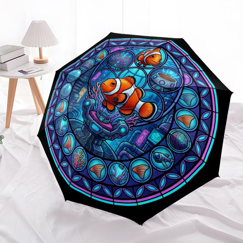 Cyber Clownfish Mandala Pattern Umbrella, Portable and Foldable Design, 8 Ribs, a Casual Accessory for Halloween, Christmas, and Birthday Gifts.