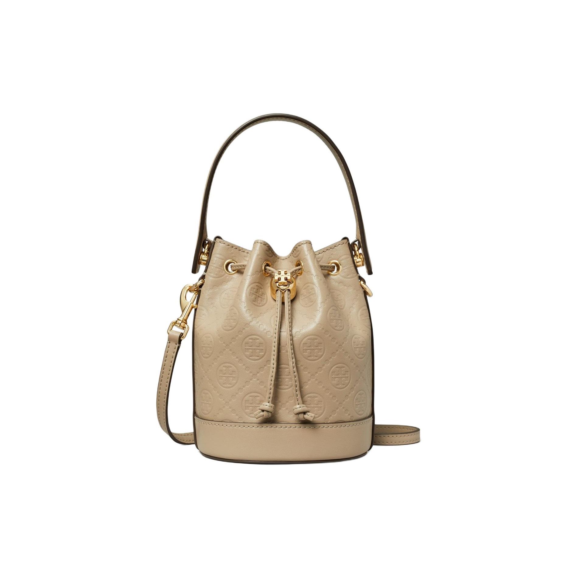 

Tory Burch T Monogram Allover Logo Pattern Embossed Leather Bucket Bag Women handbags Clay 164028-200 Basic Set (Bag+Dust Bag)