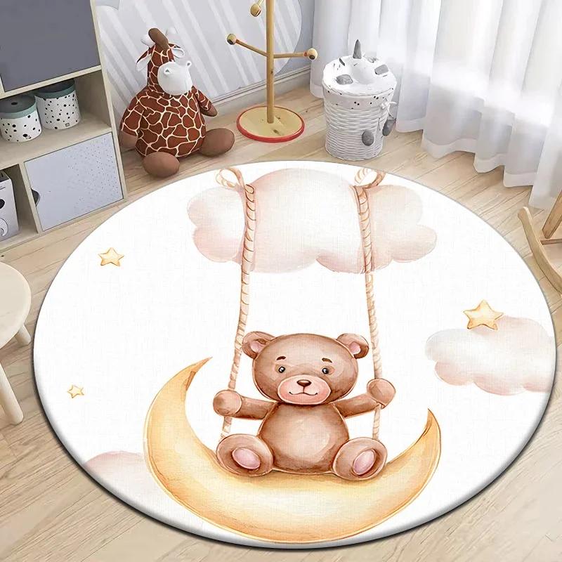 Cartoon Cute Little Bear Animals Round Carpet for Living Room Decor Kid's Bedroom Play Floor Mat Anti-Slip Camping Picnic Mats