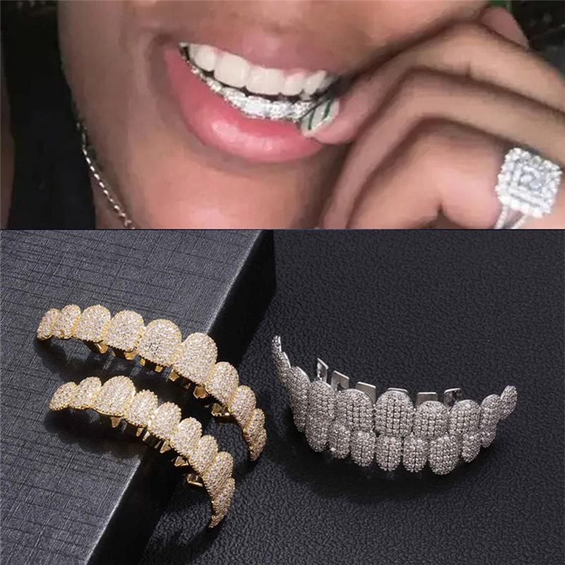Iced Out CZ Stone Teeth Grillz Top Bottom Zircon Tooth Caps For Women Men Jewelry Party Gift 10/10 Silver