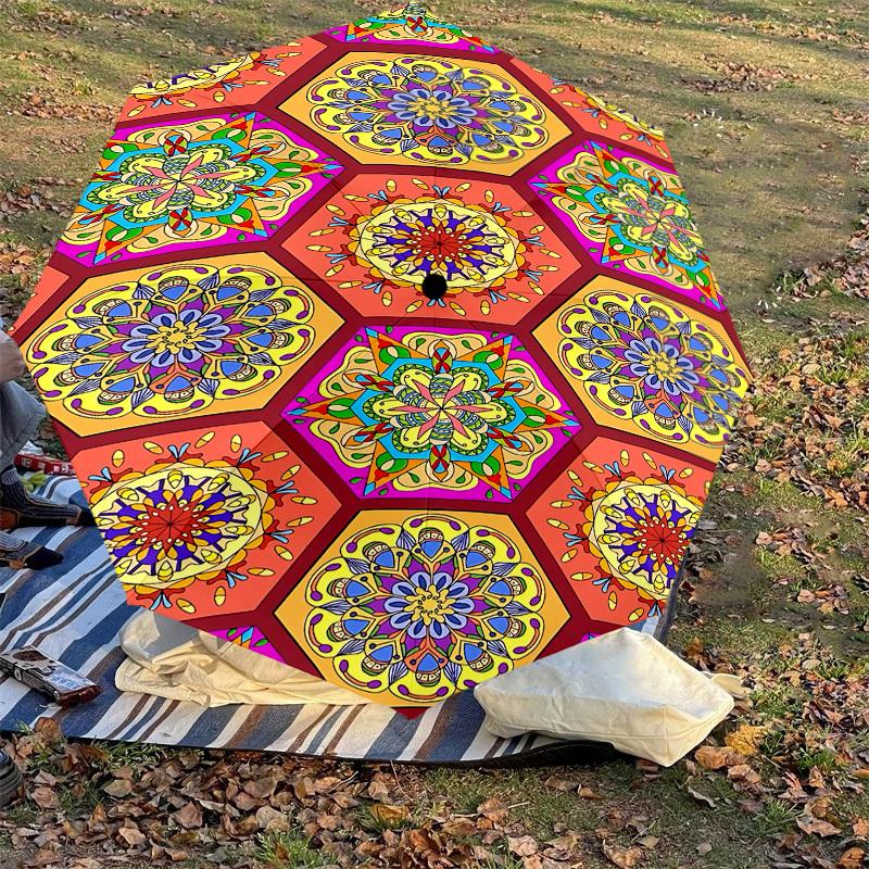 1PC Mandala PatternsAutomatic Open/Close Umbrella with Windproof, 8-Rib Sturdy Canopy, Durable Ribs, Fashionable Design, Outdoor Accessory, Fun Prin,