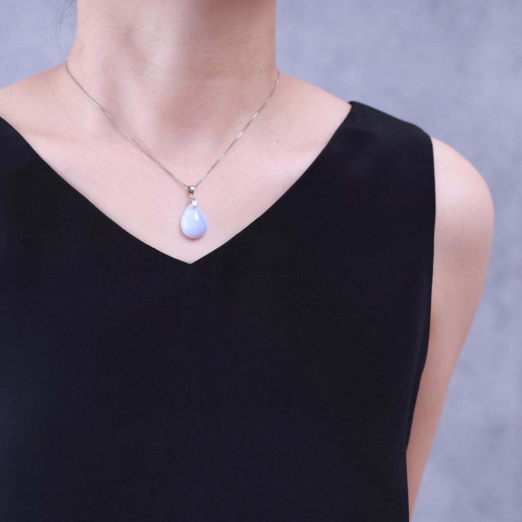 Koai Blue Lace Agate Teardrop Pendant with 925 Silver Chain for Women