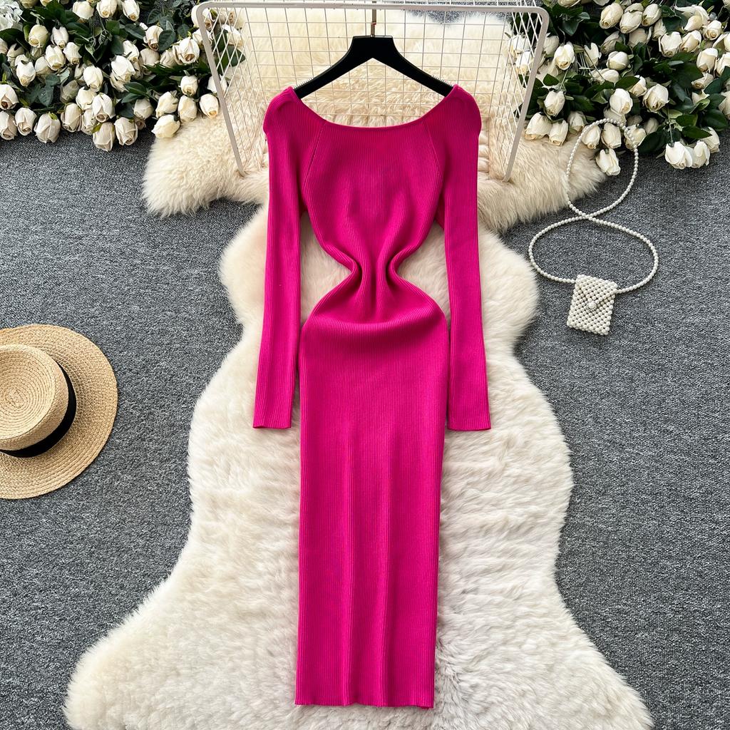 Autumn Spring Women Square Collar Full Sleeve Long Midi Knitted Sweater Office Work Slim Bodycon Pullover Dresses