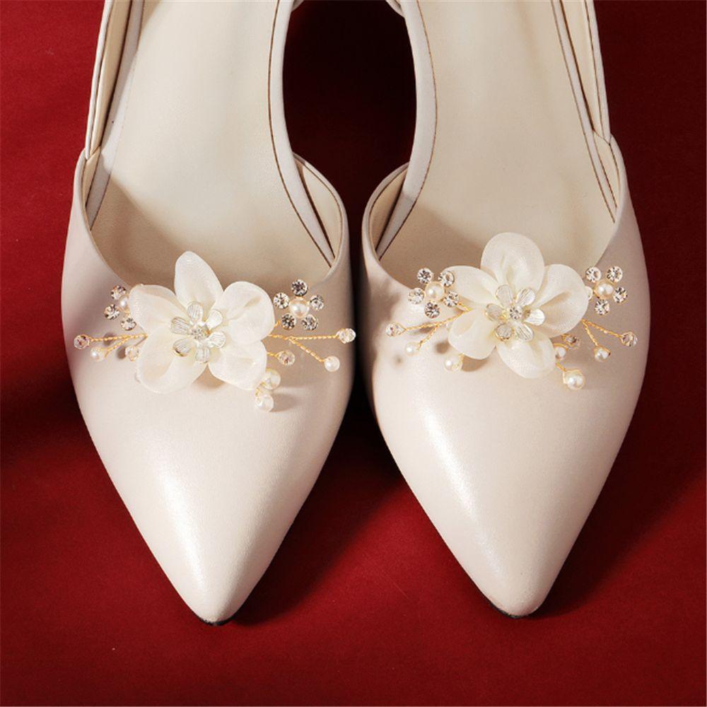 2PCS Bride Wedding Shiny Decorative Clips Silk Flower Rhinestone Shoe Clip Charm Buckle Shoe Decorations
