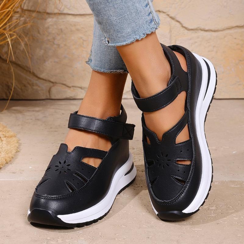 Summer New Slope Heel Sandals Bag Head Hollow Breathable Women's Large Size Muffin Thick Sole Velcro Women's Shoes