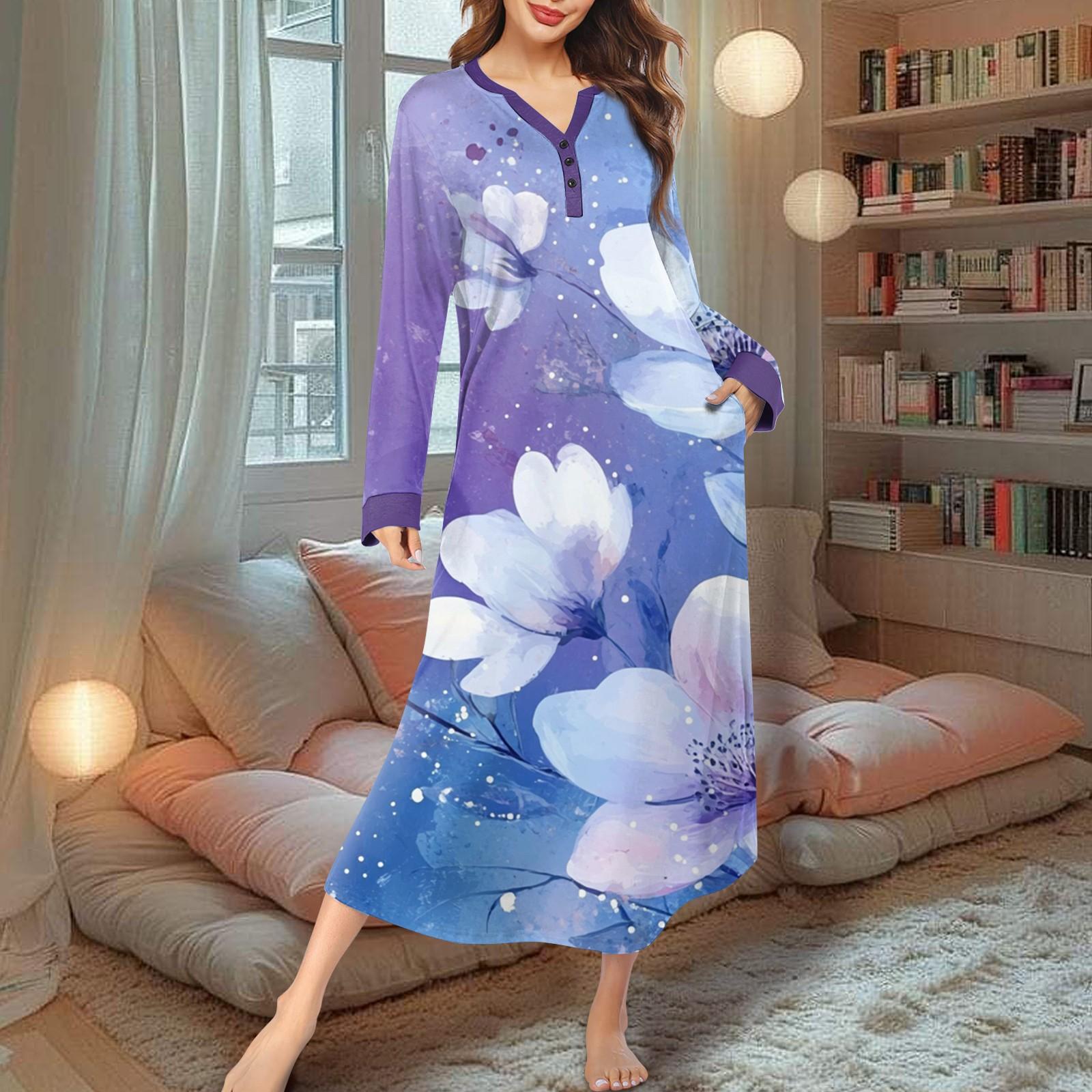 

Women s Nightgown Fashion Printed Long Housecoat V Neck Pajamas With Pockets Dress M фіолетовий