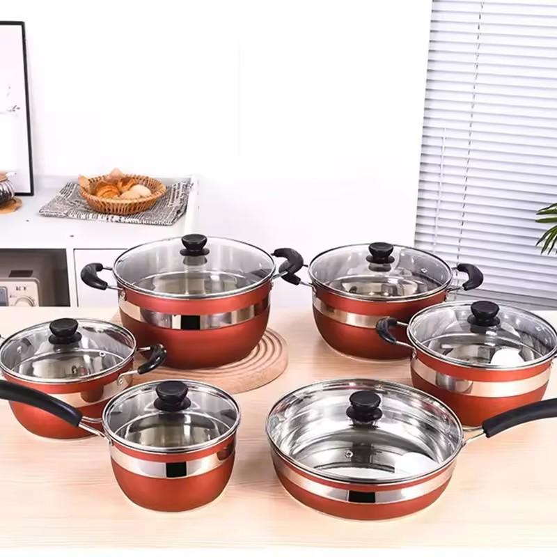 "12-Piece Stainless Steel Cookware Set: Thick Double Bottom Pots, Non-Stick Frying Pan, Milk Pot, Soup Pot"