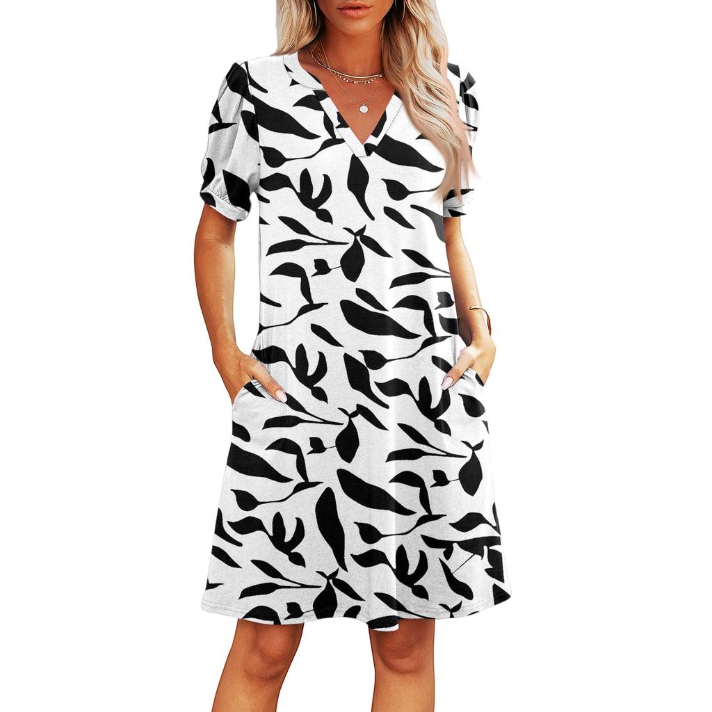 Women's Summer V-Neck Casual Beach Dresses Pod Short Sleeve Vintage Floral Print Dresses