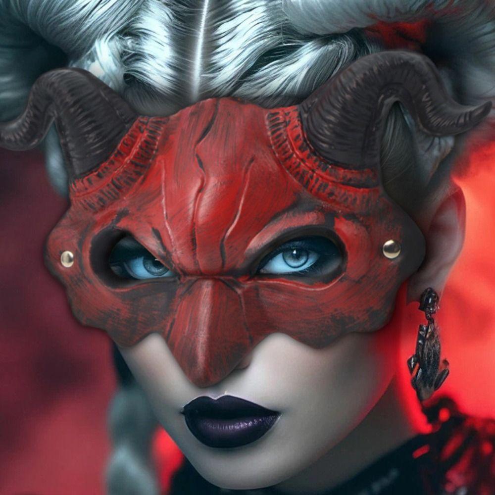 PU Leather Halloween Mask Demon Cosplay Masquerade Simulation Headgear Goat Horn Mask  Unisex
