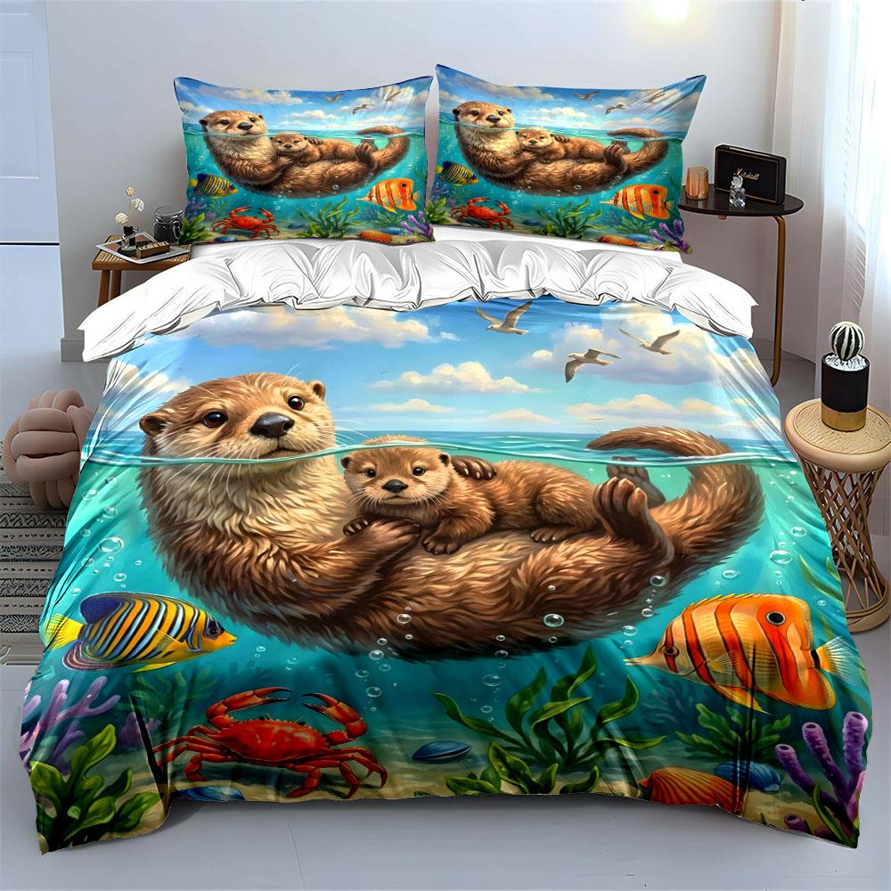 Otter Family With Marine Life Printed Duvet Cover Set1 Duvet Cover+2 Pillowcasemulti Size Bedroom Bedding Decor Luxury Gifts