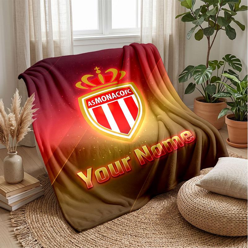 Monaco FC Custom Name Text Flannel Blanket Soccer Logo Personalized Fleece Throw Blanket Special Gift For Sofa Bedroom Home