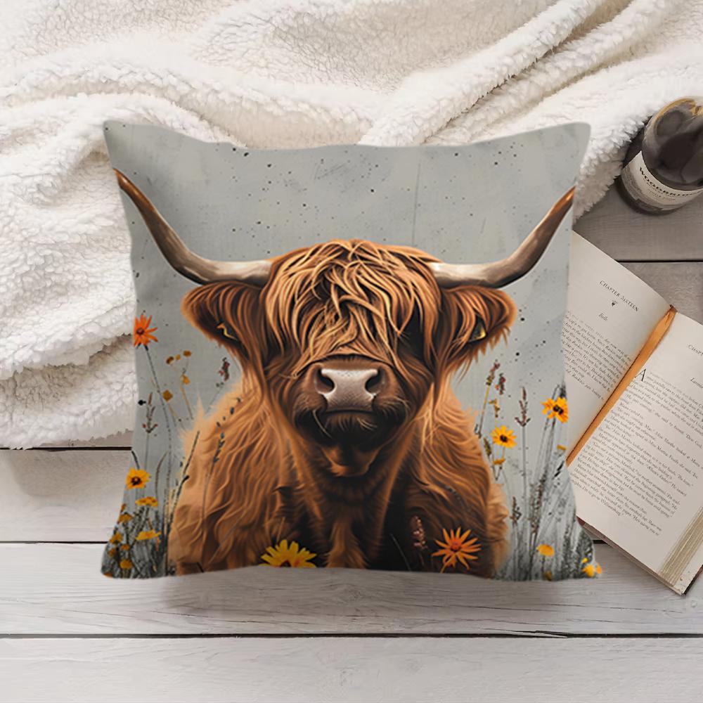Cute Highland Cow Cushion Cover Short Plush DoubleSided Printing Home Machine Washable in Warm Winter Pillow Cover