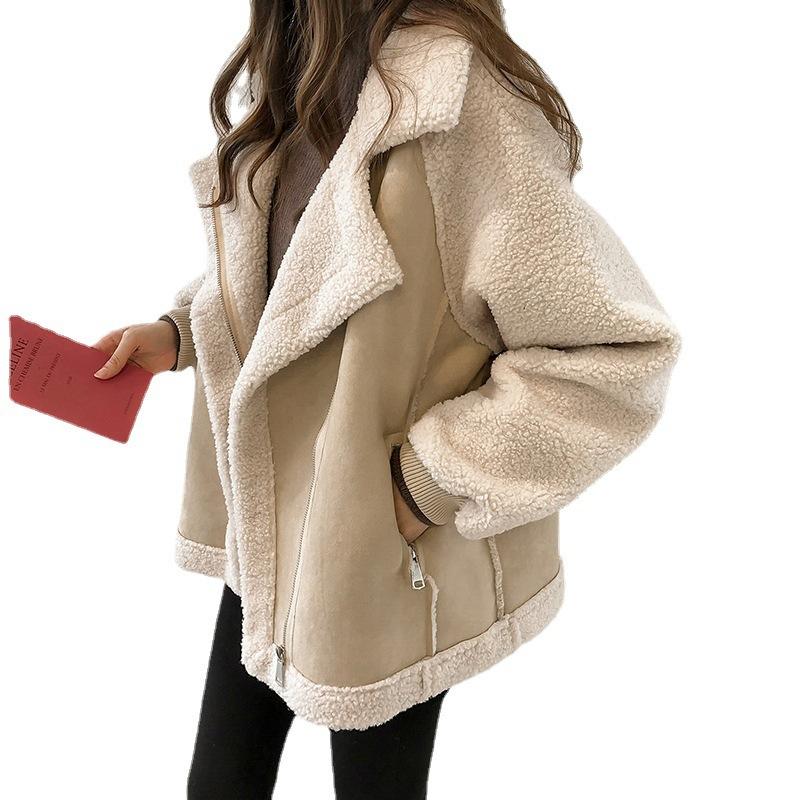 Chaqueta de ante para mujer, chaqueta de moto de piel de cordero integrada, corta, suelta y gruesa