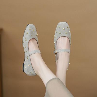 Rivet Red Mary Jane Shoes Square Head Shallow Mouth Single Shoe Inner Height Increase with Skirt Doudou