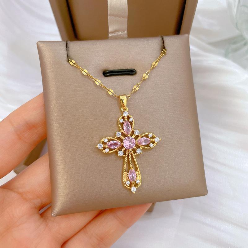 Empty Cross Light Luxury Temperament Gorgeous Full Diamond Necklace Female Versatile Collarbone Chain Titanium Steel Chain