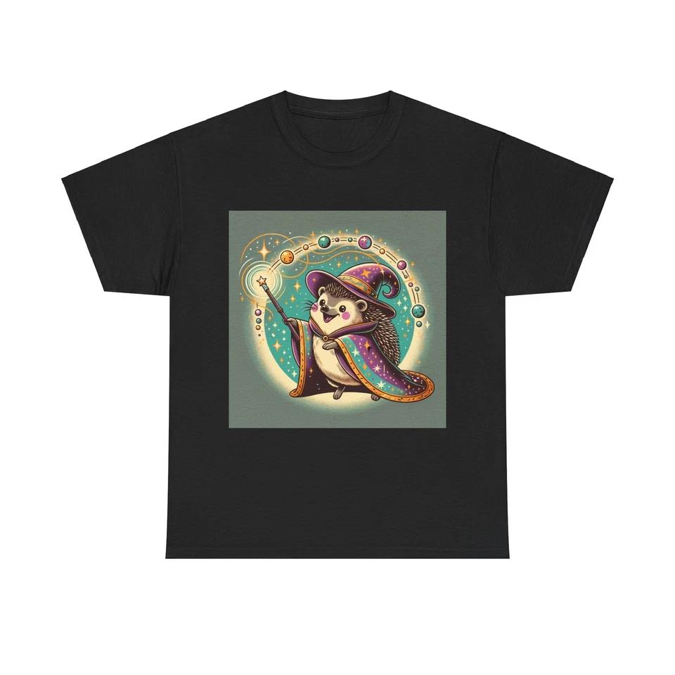 Unisex Adult T Shirt Hedgehog Wizard Illustration Magical Fantasy M
