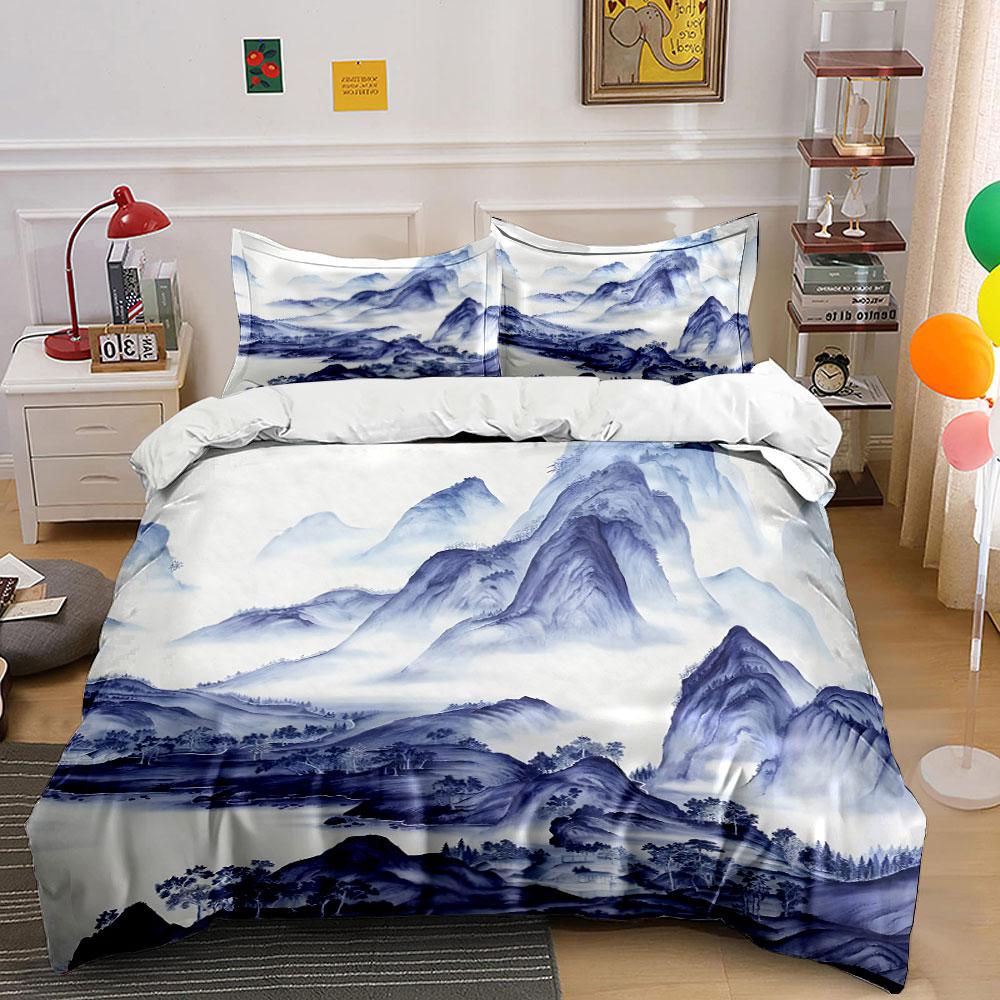 Ink Landscape Painting With Cloudy Peaks Print Bedding Set 1 Duvet Cover 2 Pillowcases For Adult And Children Luxury Gift
