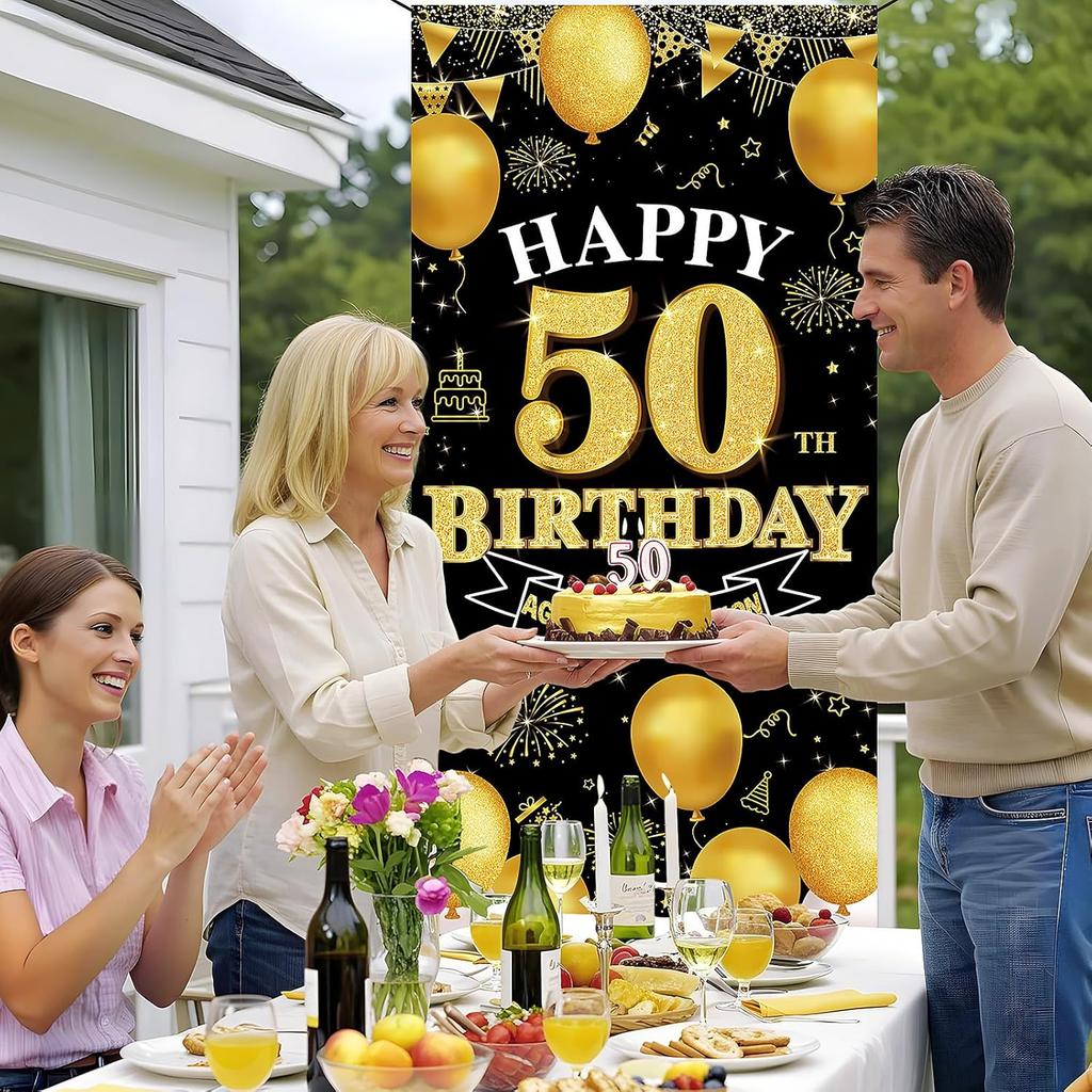 Happy 50th Birthday Decorations for Men & Women, Black Gold 50 Birthday Banner Backdrop, 50 Years Old Party Decor, Fabric Door Decor Yard Sign Photo