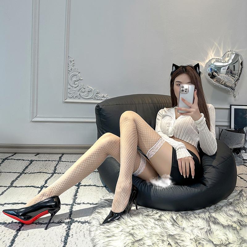 Black Silk Open Crotch Fishnet Stockings, Plus Size Garter, Sexy Bed Flirting Stockings