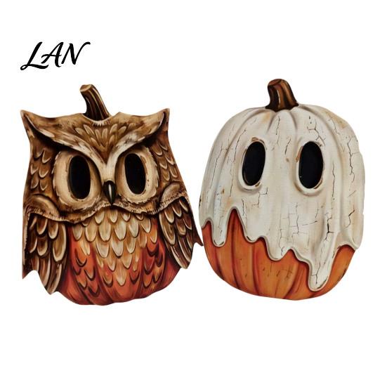 Decorative Wood Painting Art Halloween Wooden Ornaments, Distressed Pumpkin/Cat Decorations, Desktop & Wall Durable Tabletop Decors for Autumn Harvest